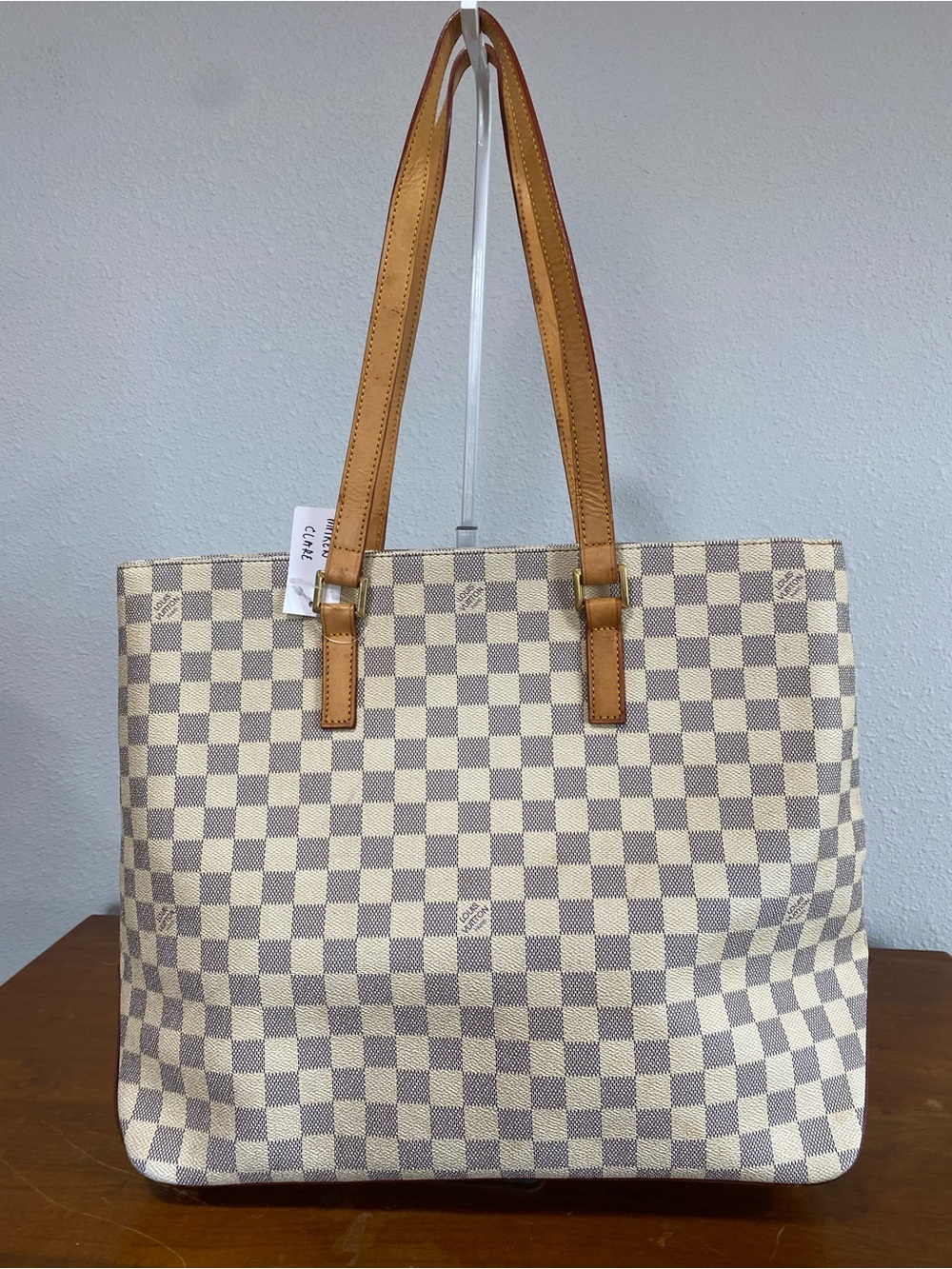 Beige Check Canvas Tote with Tan Leather Straps - Picture 9 of 16